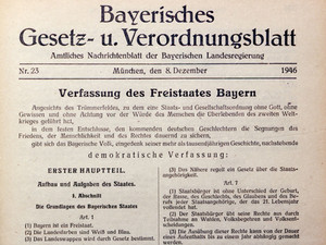 Bild: Bayerisches Gesetz- und Verordnungsblatt Nr. 23 vom 8. Dezember 1946: Veröffentlichung der Bayerischen Verfassung - Copyright:- Bildarchiv Bayerischer Landtag - Foto:
