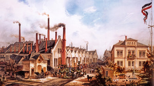 1882 malte Friedrich Perlberg das Fabrikgelände auf dem Münchner Marsfeld von Georg Krauss anlässlich der Auslieferung der 1000. Lokomotive. Bayerisches Wirtschaftsarchiv
