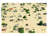 Siegerfoto Pressefoto des Jahres 2013: Land unter. Beschreibung: Nahezu eingeschlossen vom Hochwasser war bei der sommerlichen Naturkatastrophe die Donaustadt Deggendorf. Nach einem Dammbruch bilden am 6. Juni 2013 die Dächer einer Kleingartenanlage ein schaurig-schönes Mosaik auf gelbem Wasser. | Foto: Rolf Poss