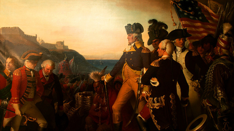 General George Washington zwingt den englischen General Cornwallis zur Übergabe der Festung Yorktown (1781) Eugen Heß 1861 - Copyright Studienstiftung Maximilianeum | Foto Unbekannt 